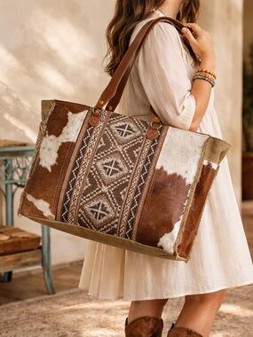 Myra Cowhide Weekender Bag Western Leather Duffel Travel Carry On Boho Cowgirl
